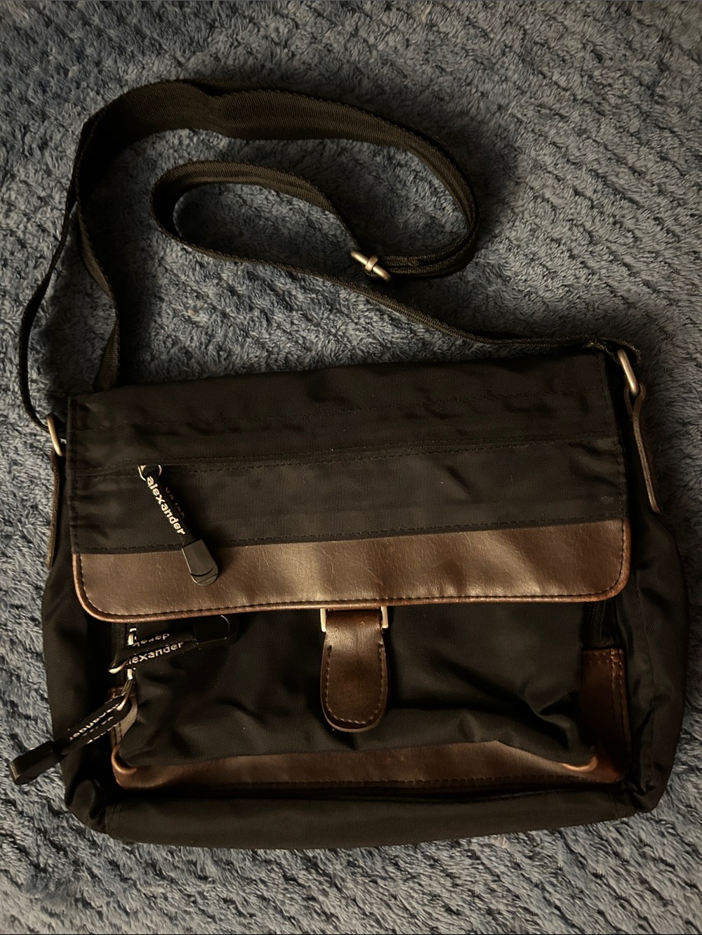 Black and Brown Men's Messenger Bag with Leather Trim